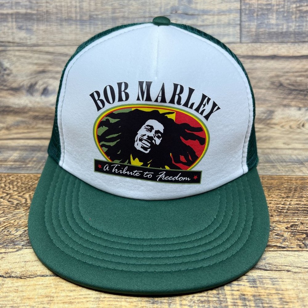 Retro Bob Marley Mens Trucker Hat Green Snapback Tribute To Freedom Restaurant - Picture 3 of 7